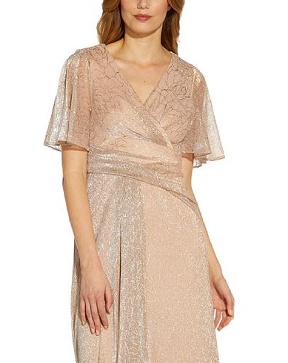Adrianna Papell Women's Metallic Mesh Drape A Line Gown Brown Size 4