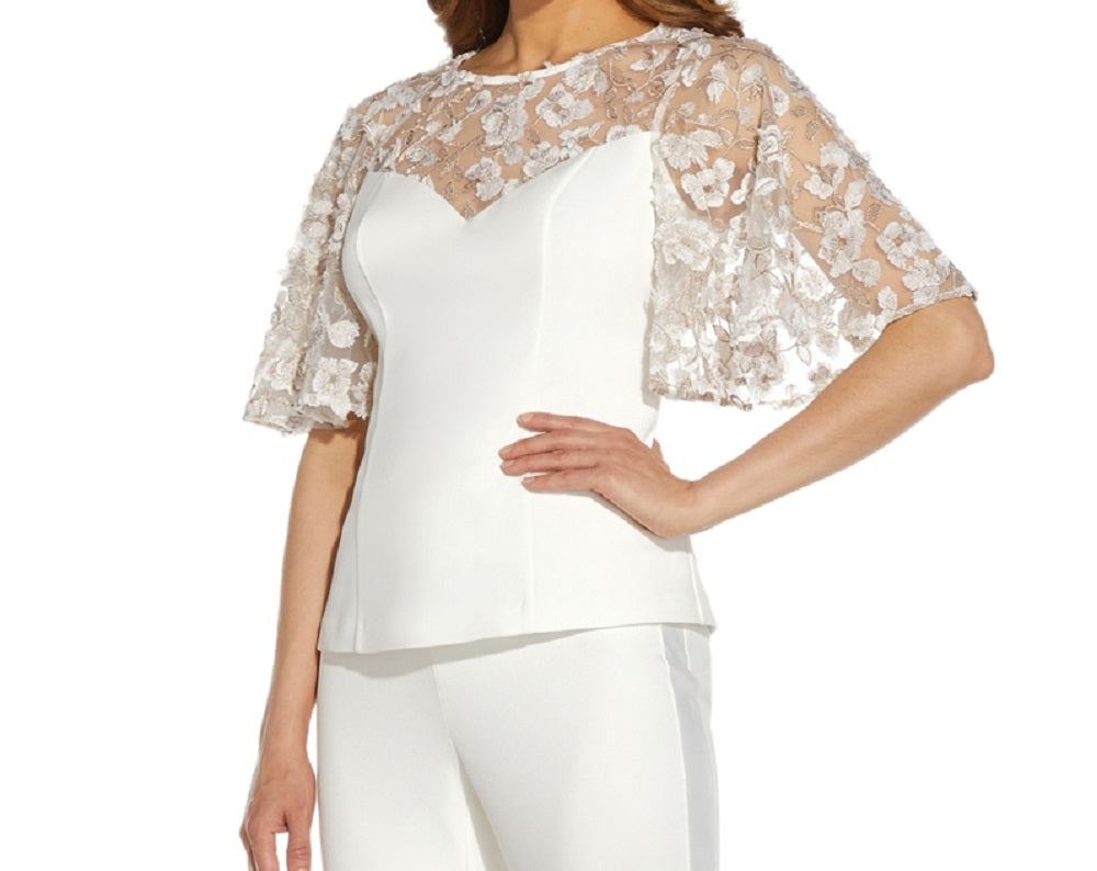 Adrianna Papell Women's Embroidered Illusion Top White Size 4