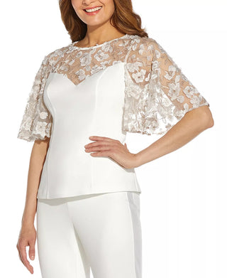 Adrianna Papell Women's Embroidered Illusion Top White Size 14