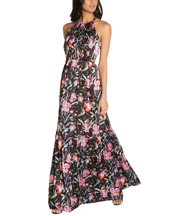 Aidan By Aidan Mattox Women's Zippered Cut Out Tiered Lined Floral Sleeveless Halter Maxi Evening Gown Dress Black Size 6
