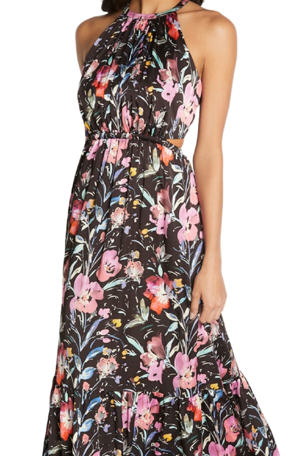 Aidan By Aidan Mattox Women's Zippered Cut Out Tiered Lined Floral Sleeveless Halter Maxi Evening Gown Dress Black Size 6
