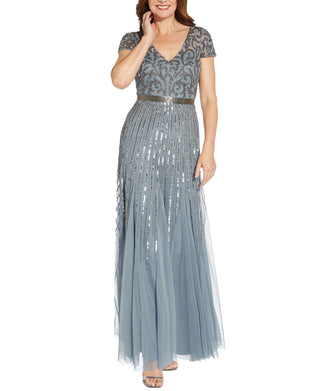 Adrianna Papell Women's Embellished V Neck Gown Blue Size 16