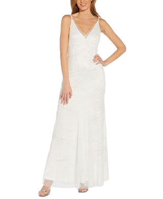 Adrianna Papell Women's Embellished V Neck Gown White Size 0