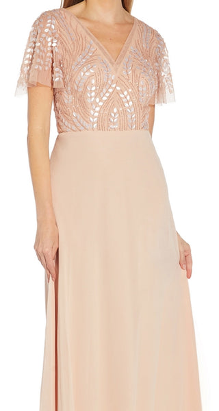 Adrianna Papell Women's V Neck Beaded Bodice Gown Pink Size 14