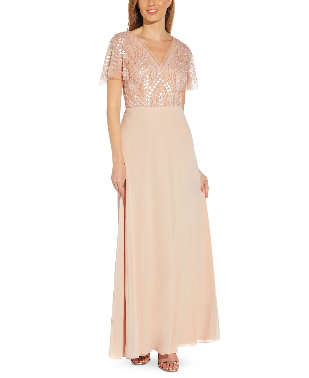 Adrianna Papell Women's V Neck Beaded Bodice Gown Pink Size 14