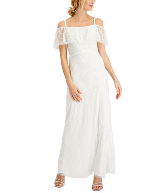 Adrianna Papell Women's Beaded Cold Shoulder Gown White Size 10