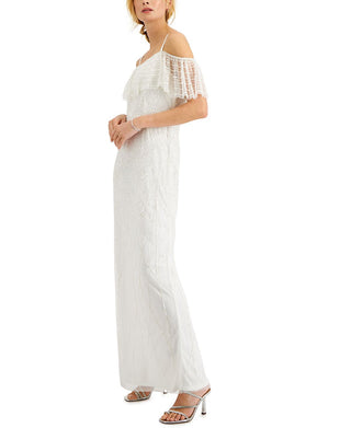 Adrianna Papell Women's Beaded Cold Shoulder Gown White Size 10