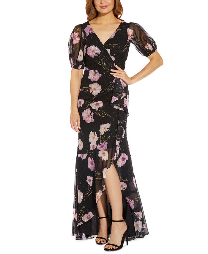 Adrianna Papell Women s Floral Print Chiffon Ruffle Gown Black