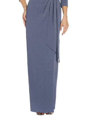 Adrianna Papell Women's Metallic Knit Long Draped Column Gown Blue Size 10