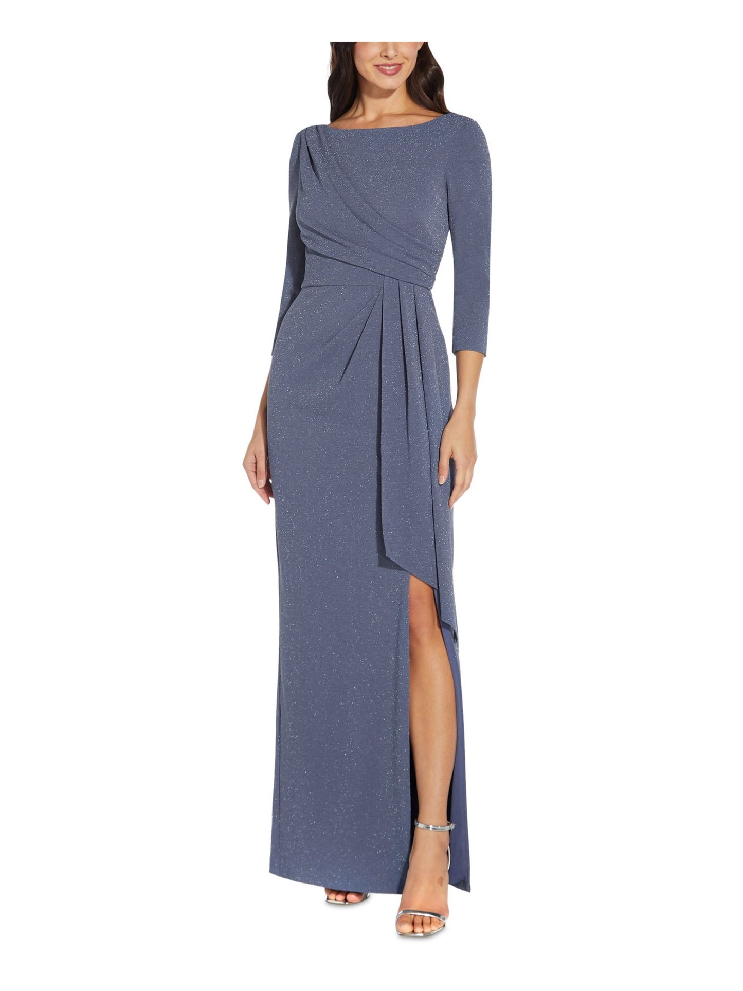 Adrianna Papell Women's Gathered Waist Metallic Threaded Gown Blue Size 12