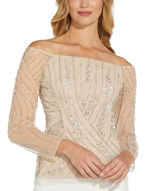 Adrianna Papell Women's Beaded Off The Shoulder Top Beige Size 16