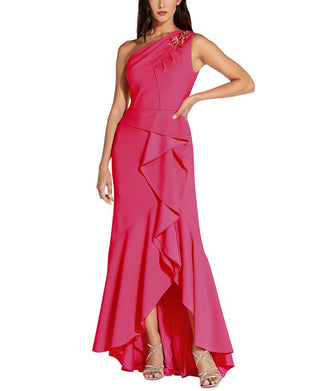 Adrianna Papell Women's One Shoulder Beaded Ruffled Gown Pink Size 4