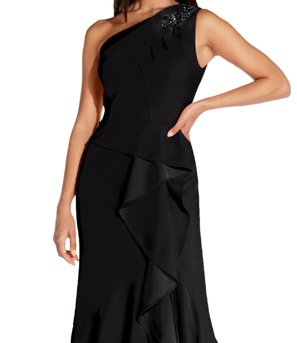 Adrianna Papell Women's One Shoulder Beaded Ruffled Gown Black Size 6