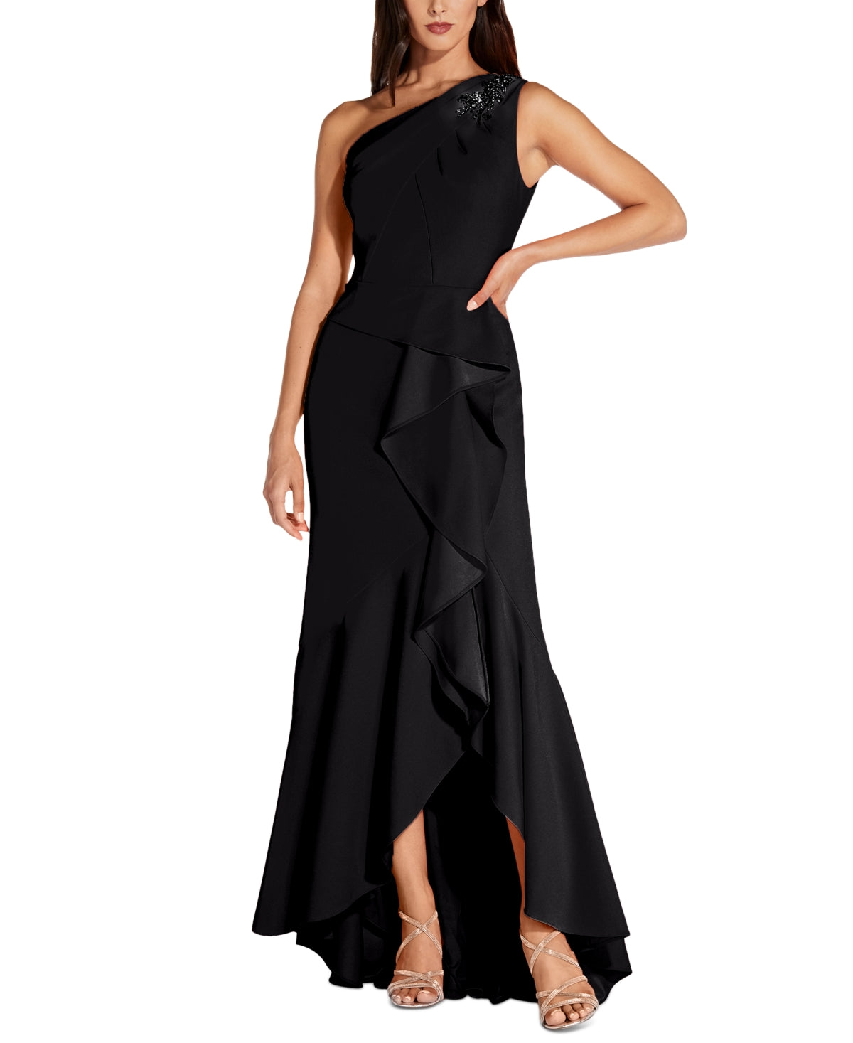 Adrianna Papell Women's One Shoulder Beaded Ruffled Gown Black Size 6