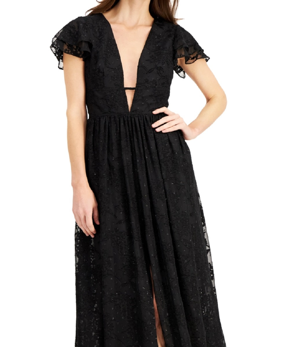 Aidan By Aidan Mattox Women's Plunge Neck Flutter Sleeve Gown Black Size 16
