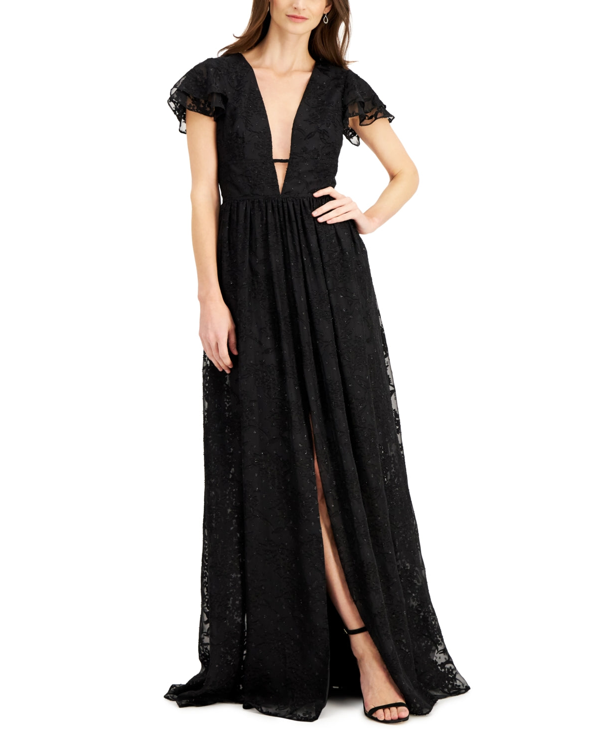 Aidan By Aidan Mattox Women's Plunge Neck Flutter Sleeve Gown Black Size 16