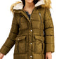 Steve Madden Junior's Faux Fur Trim Hooded Puffer Coat Green Size Small