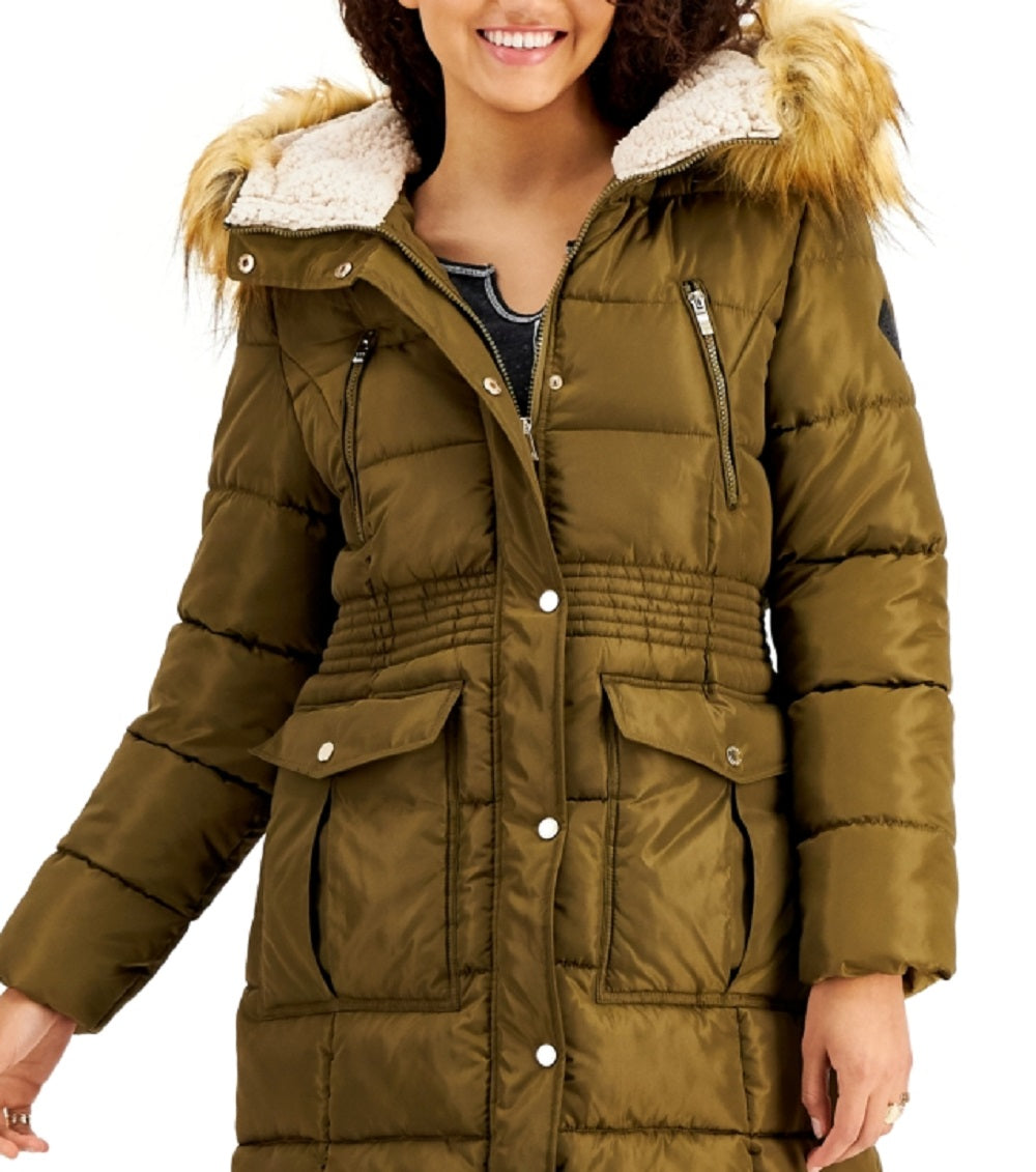 Steve Madden Junior's Faux Fur Trim Hooded Puffer Coat Green Size Small