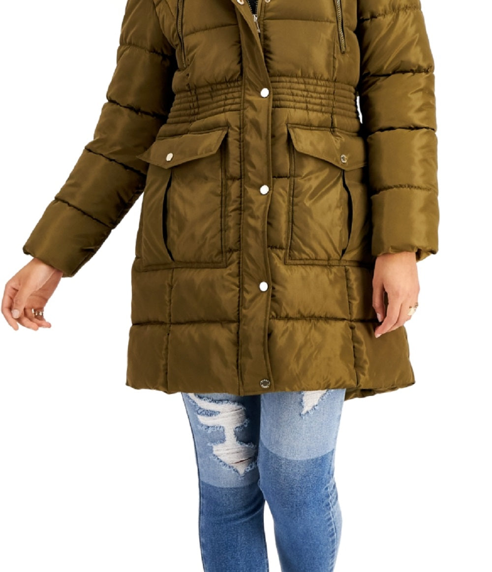 Steve Madden Junior's Faux Fur Trim Hooded Puffer Coat Green Size Small