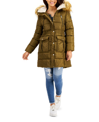 Steve Madden Junior's Faux Fur Trim Hooded Puffer Coat Green Size Small