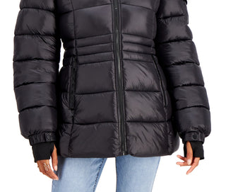 Steve Madden Junior's Faux Fur Trim Hooded Shine Puffer Coat Black Size X-Large