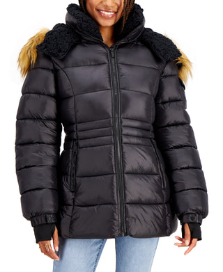 Steve Madden Junior's Faux Fur Trim Hooded Shine Puffer Coat Black Size X-Large