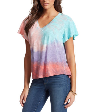 Jessica Simpson Women's Tie Dyed Flutter Sleeve V Neck Top White Size Small