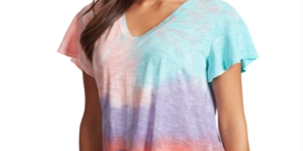 Jessica Simpson Women's Tie Dyed Flutter Sleeve V Neck Top White Size Small