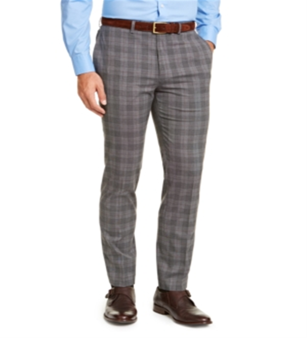 Calvin Klein Men's Slim Fit Stretch Wrinkle Resistant Plaid Dress Pants Gray Size 32X29