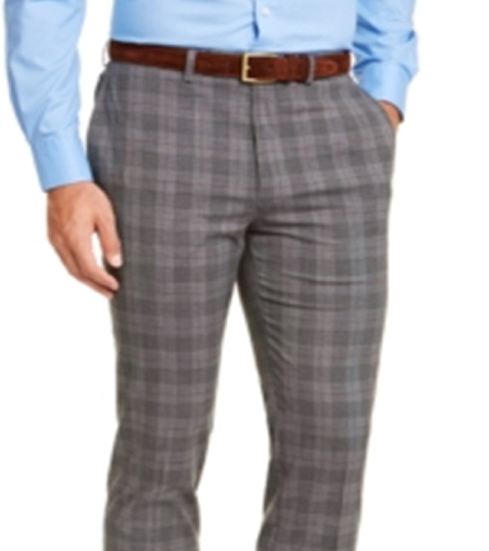 Calvin Klein Men's Slim Fit Stretch Wrinkle Resistant Plaid Dress Pants Gray Size 32X29