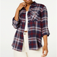 Polly & Esther Women's Plaid Utility Shirt Blue Size Small