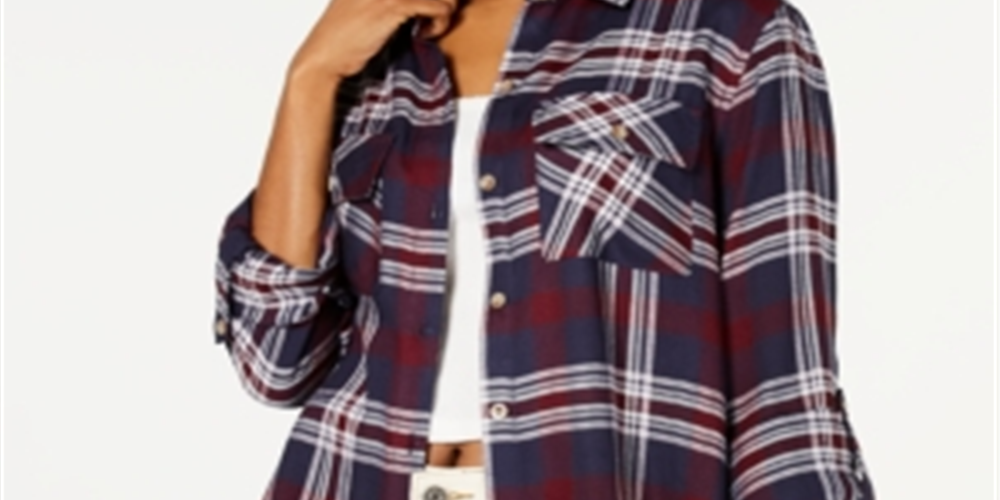 Polly & Esther Women's Plaid Utility Shirt Blue Size Small