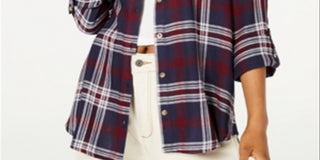 Polly & Esther Women's Plaid Utility Shirt Blue Size Small