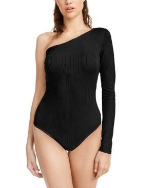 Polly & Esther Junior's One Shoulder Rib Knit Bodysuit Black Size Large
