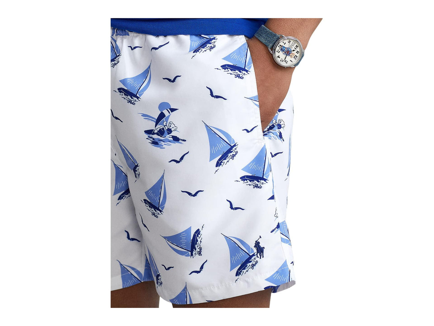 Polo Ralph Lauren Men's Traveler Sailboat Print Swim Trunks White Size Medium