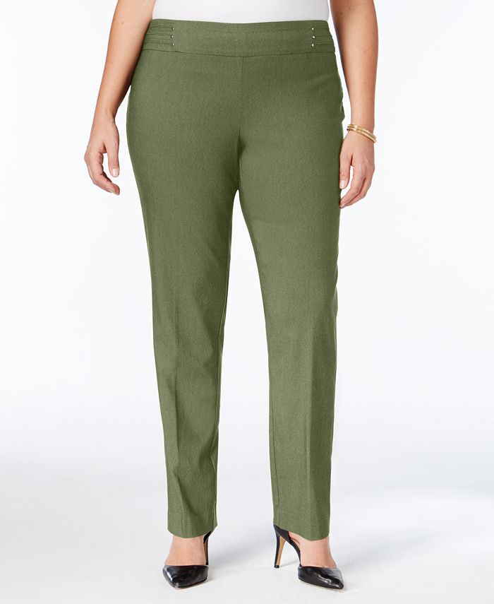 JM Collection Women's Tummy Control Slim Leg Pants Green Size Petite Small