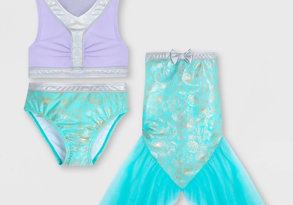 Disney Girls Little Mermaid 3pc Lavender Turquoise Swimsuit Size 7-8