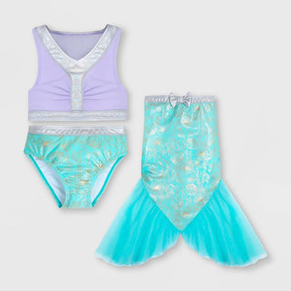 Disney Girls Little Mermaid 3pc Lavender Turquoise Swimsuit Size 7-8