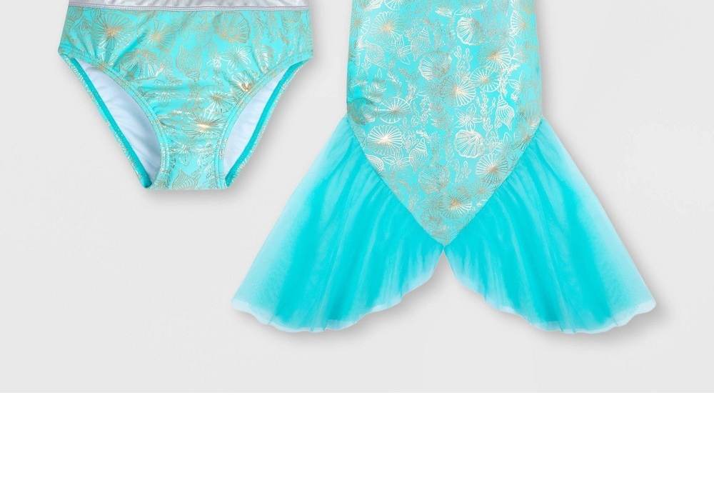 Disney Girls Little Mermaid 3pc Lavender Turquoise Swimsuit Size 7-8