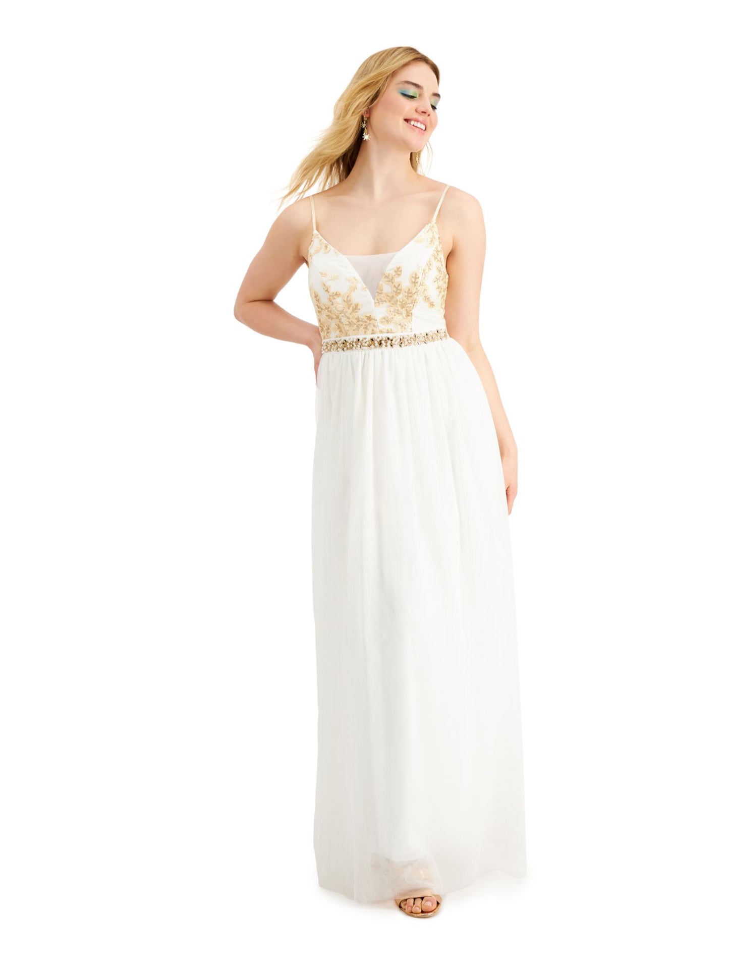 Emerald Sundae Women's Sheer Floral Spaghetti Strap Sweetheart Neckline Full Length Formal Empire Waist Dress White Size 17