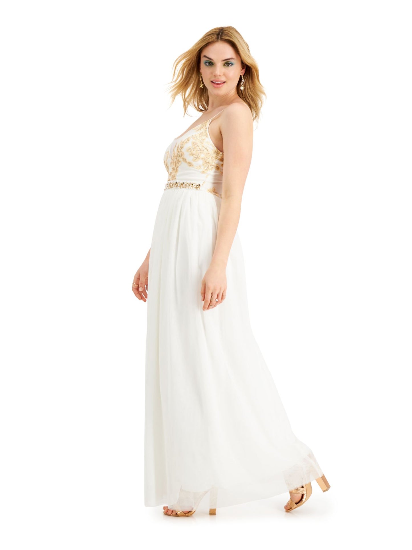 Emerald Sundae Women's Sheer Floral Spaghetti Strap Sweetheart Neckline Full Length Formal Empire Waist Dress White Size 17