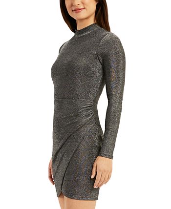 BCX Junior's Metallic Ruched Tulip Hem Mock Neck Dress Grey Size Large