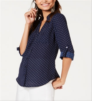 BCX Junior's Printed Button up Shirt Dark Blue Size Medium