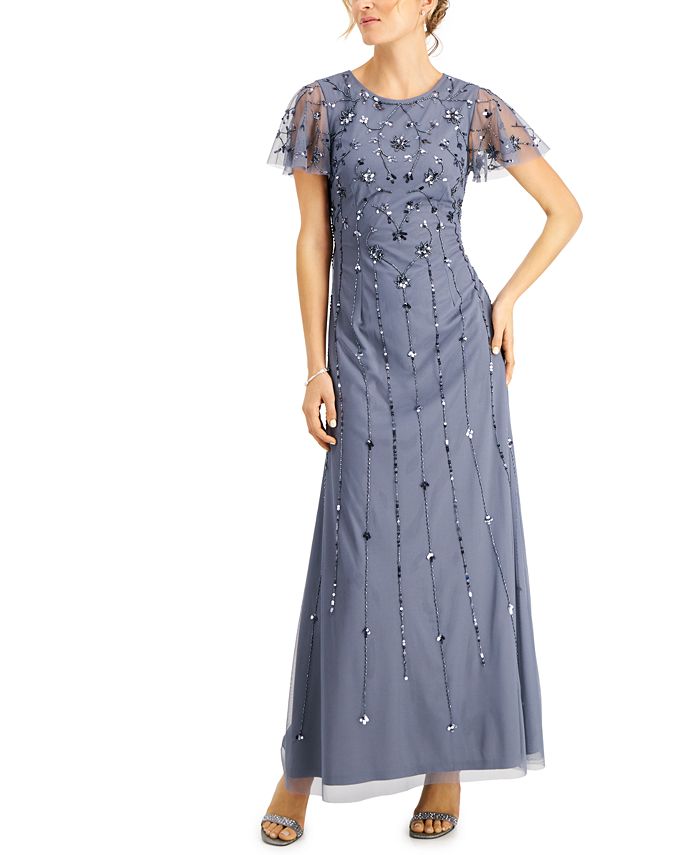 Papell Studio Women's Flutter Sleeve Embellished Gown Blue Size 2