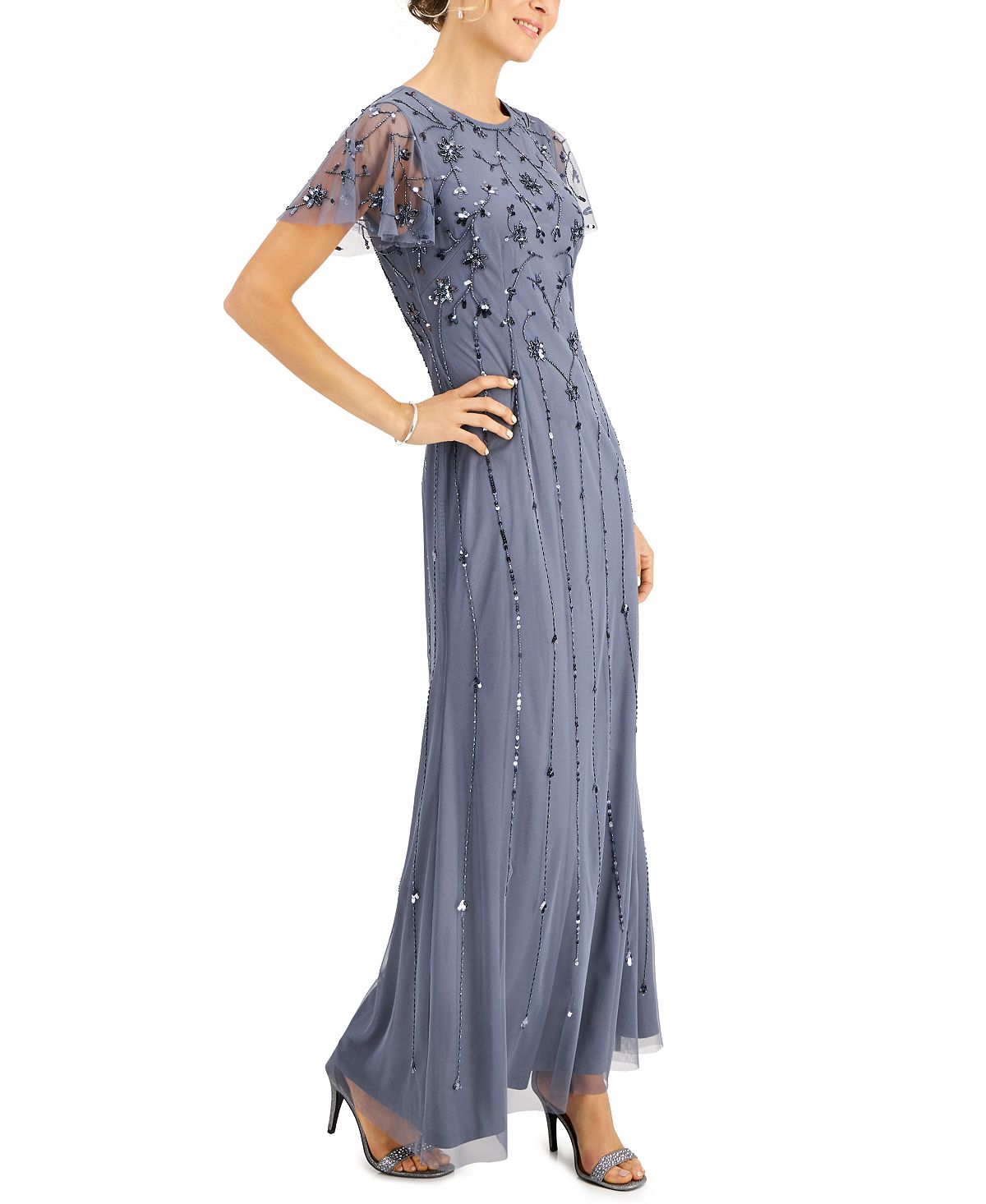 Papell Studio Women's Flutter Sleeve Embellished Gown Blue Size 2
