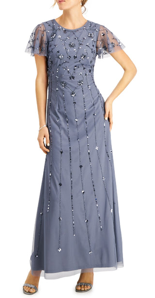 Papell Studio Women's Flutter Sleeve Embellished Gown Blue Size 14