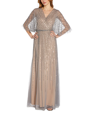 Adrianna Papell Women's Beaded Kimono Sleeve Gown Brown Size 6