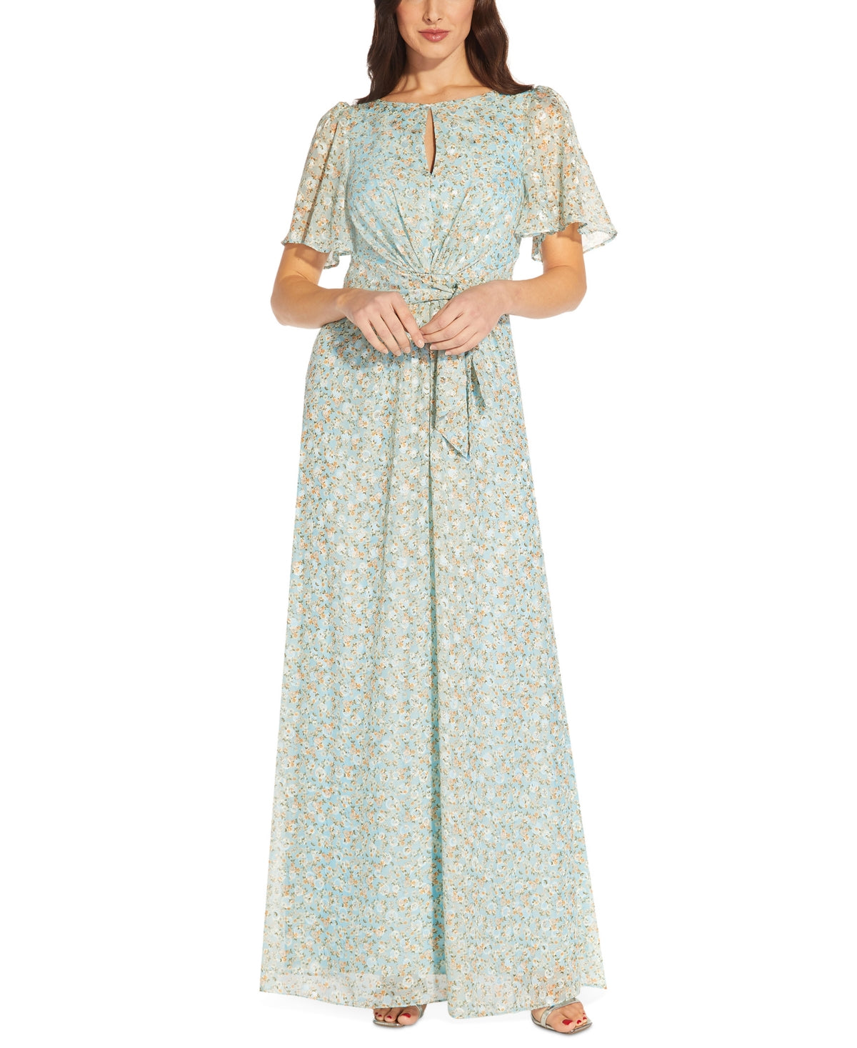 Adrianna Papell Women's Floral Jacquard Keyhole Gown Blue Size 16