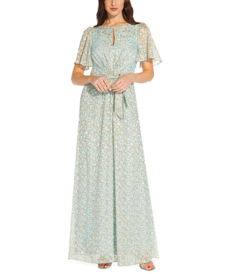Adrianna Papell Women's Floral Jacquard Keyhole Gown Blue Size 16