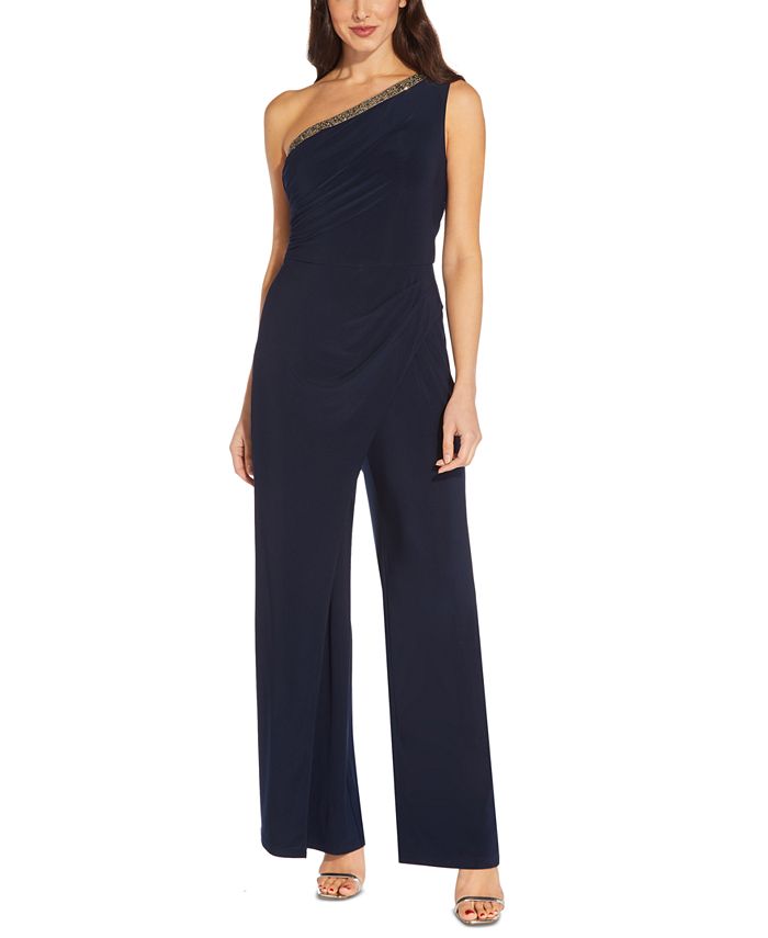 Adrianna Papell Women's Beaded One Shoulder Jersey Jumpsuit Blue Size 4